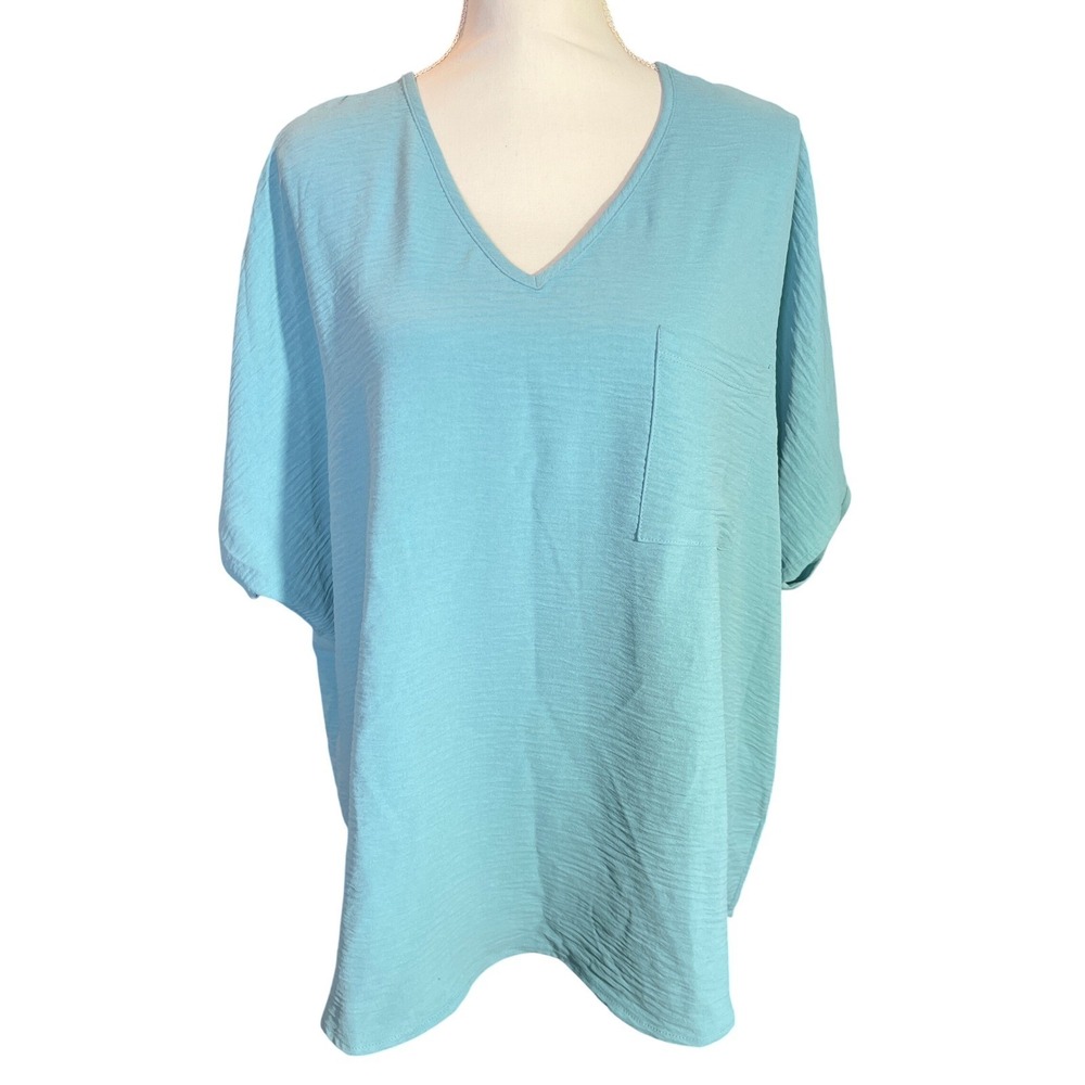 Zenana Women Oversized V-Neck Dolman Sleeve Pocket Turquoise Boho Top Medium